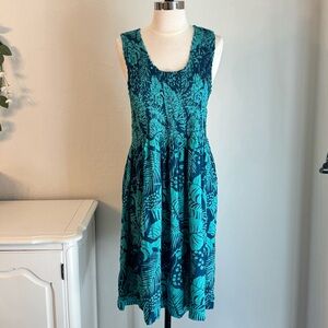 Blue/Green Tropical Palm Print Woven Sleeveless Dress with Smocked Bodice, Med